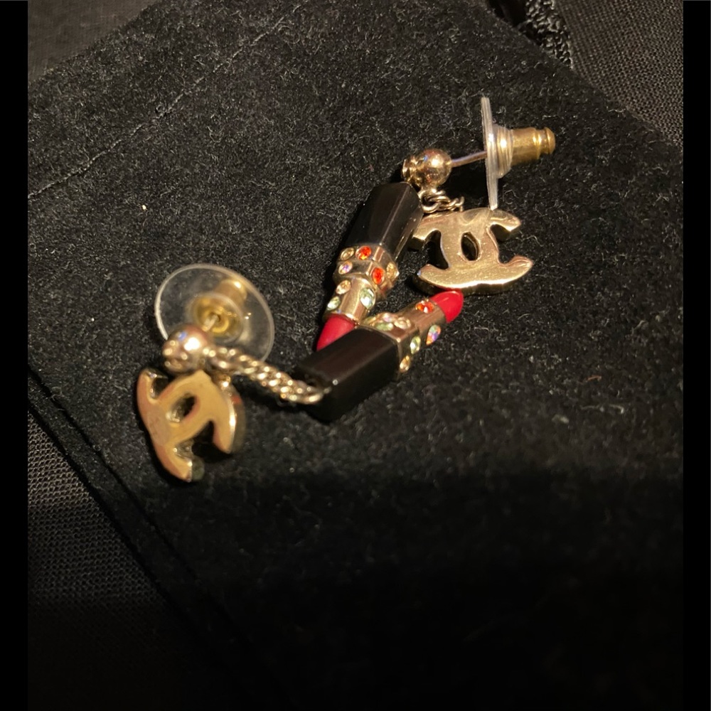 Auth Chanel Gold CC w/ Dangle Lipstick Earrings